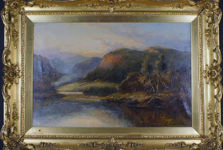 Daniel Sherrin (b. 1868, d. 1940) Scottish landscape. Signed D. Sherrin. Oil on canvas. 51 x 76 cm. The frame is 12 cm. wide. In good condition, some crazing. Beautiful, wide gold frame with a few small chips. Price example: A painting by Daniel