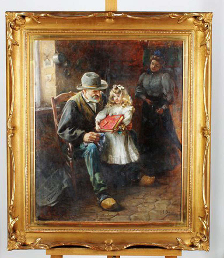 Interior, grandfather and child. Oil on canvas, unidentified artist, indistinctly signed. 1920s. Framed in heavy wooden gilt frame. Dimensions 52x63 cm, dimensions with frame 72x84 cm.