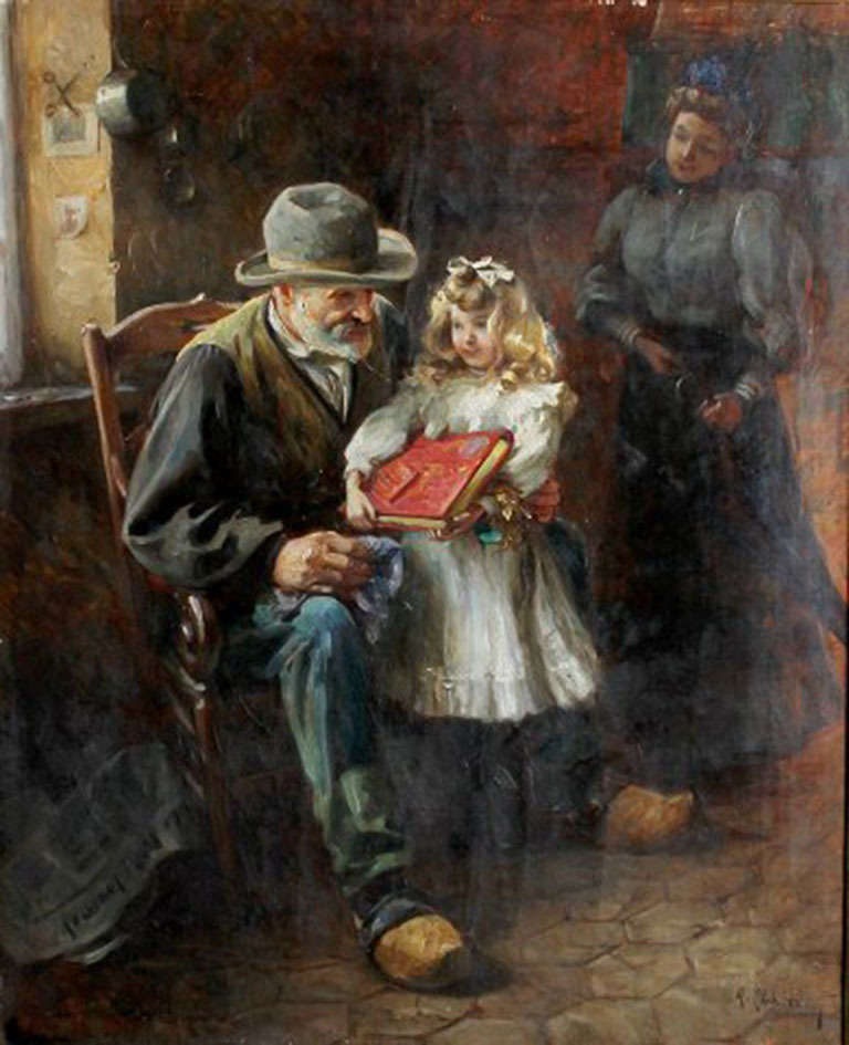 Inconnu intérieur, grand-père et enfant. Huile sur toile, artiste non identifié. Années 1920. en vente