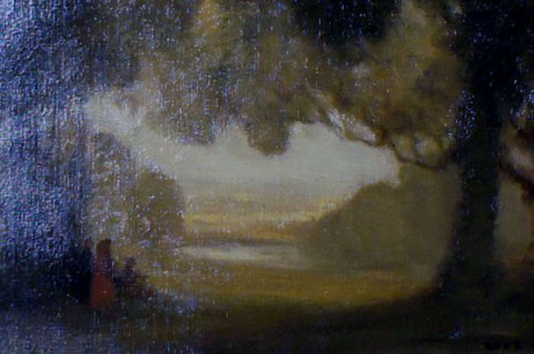 Français Huile sur toile, paysage avec des personnes, vraisemblablement un artiste français. Indist. signé en vente
