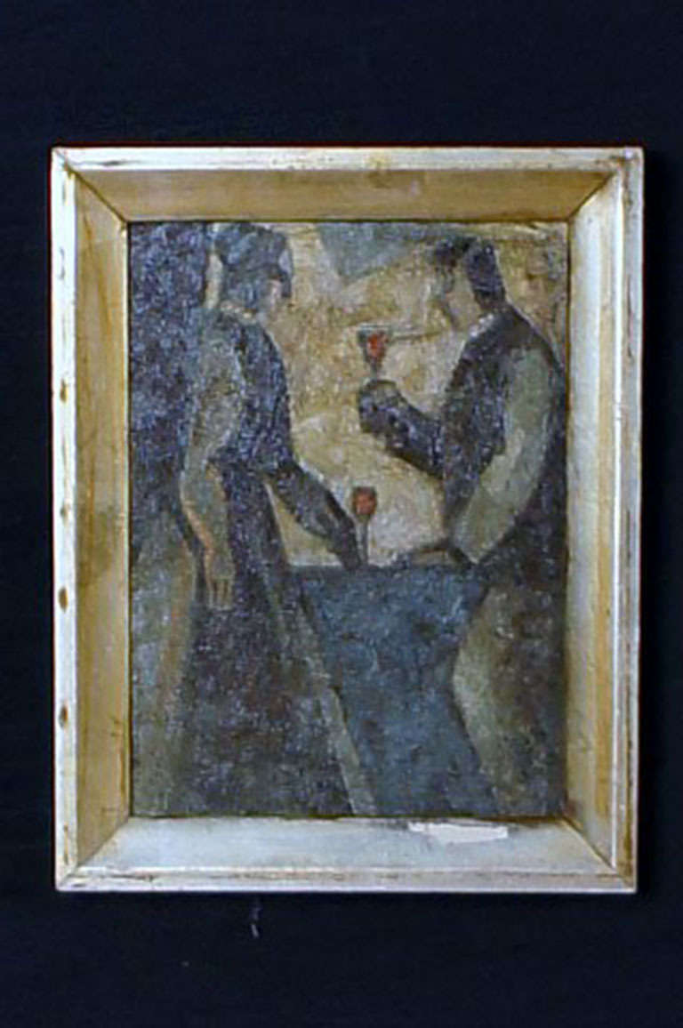 Oil on board, couple in interior, circa 1930s. Unknown artist, unsigned. In good condition, needs cleaning. Dimensions without board: 19 x 14 cm. The frame is 3 cm. wide.