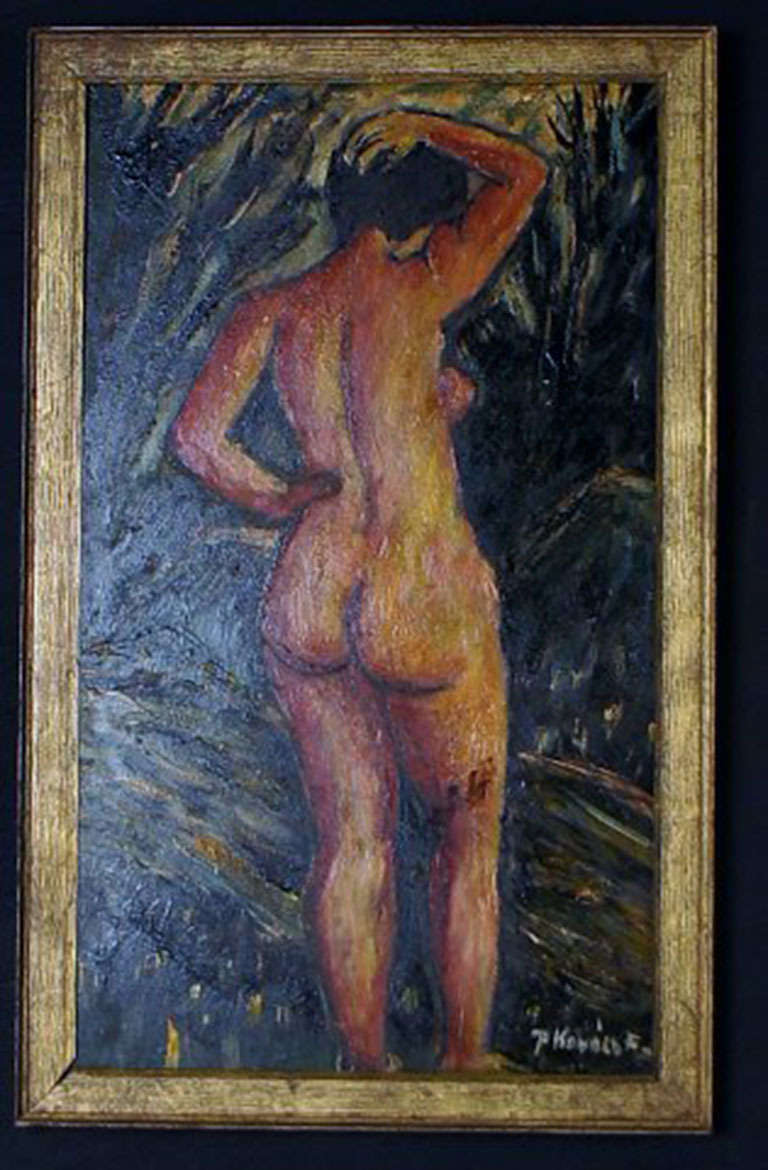 Oil on board, portrait of nude woman, indistinctly signed, unknown artist. Approximately 1920. Measures 23x41 cm. The frame is 3 cm. wide.