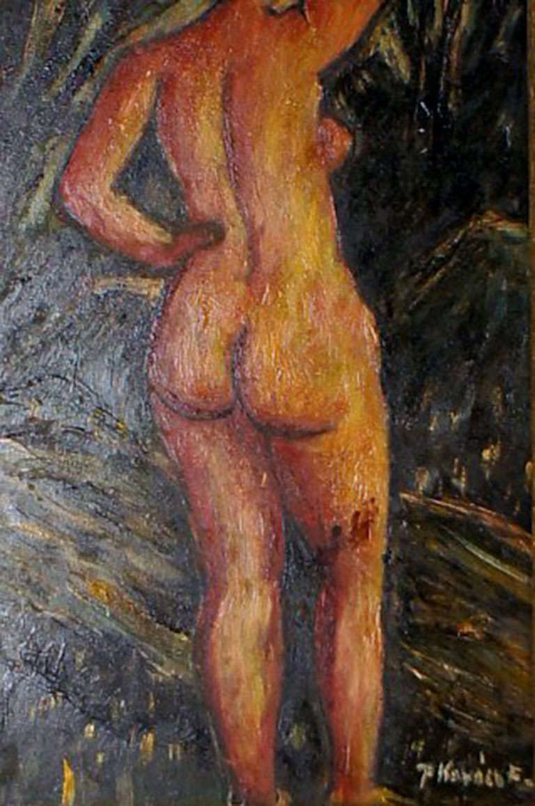 Unknown Oil on board, portrait of nude woman, indistinctly signed, unknown artist. 1920. For Sale