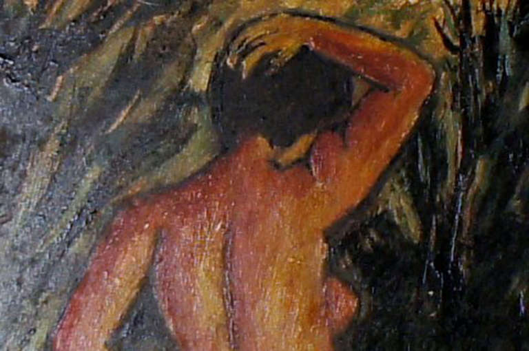 20ième siècle Huile sur carton, portrait de femme nue, artiste inconnue, signée de manière indistincte. 1920. en vente