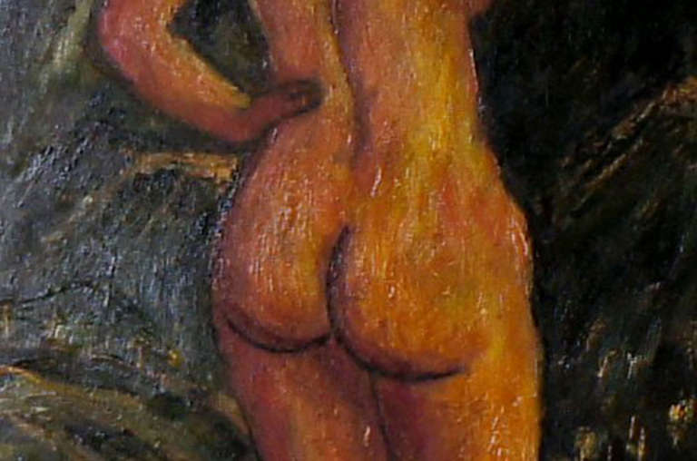 20th Century Oil on board, portrait of nude woman, indistinctly signed, unknown artist. 1920.
