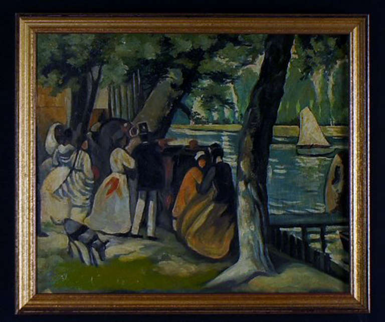 Oil on board. 20 C. Persons in landscape. Unknown artist, unsigned. In good condition. Size: 37.5 x 31.5 cm. The frame is 2.5 cm. wide.