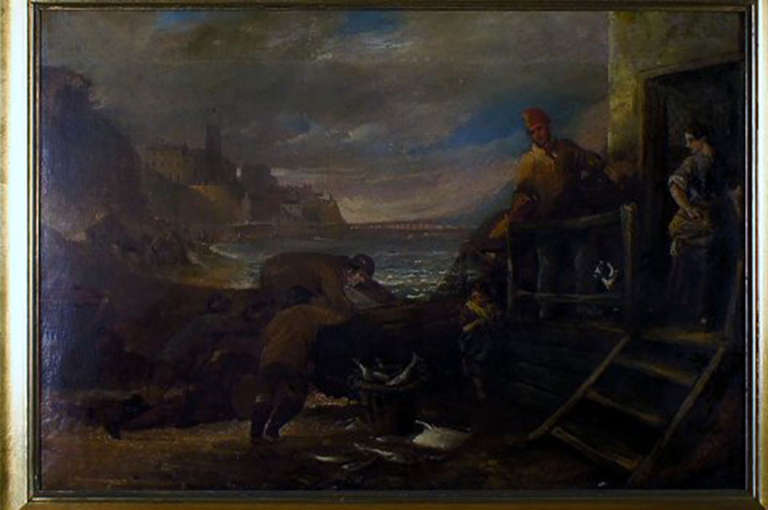 Unknown English artist, 1800s. Oil on canvas. Indistinctly signed. English port lot with fishermen who land fish.
In good condition, needs a clean. The canvas is relined.
Measures: 65x45 cm. The golden frame is 5.5 cm. wide.