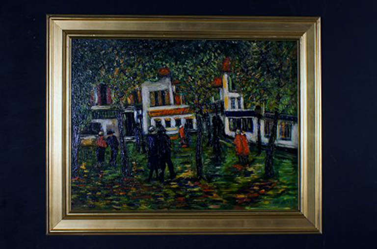 Presumably French painter, 20th century: Park Scene with strolling people, Paris? Indistinct signature and place name. Oil on masonite. 45.5 x 61 cm. The golden frame is 7 cm. wide and in good condition.