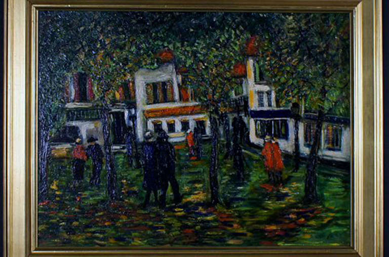 Presumably French painter, 20th century: Park Scene with strolling people. In Good Condition In Copenhagen, DK