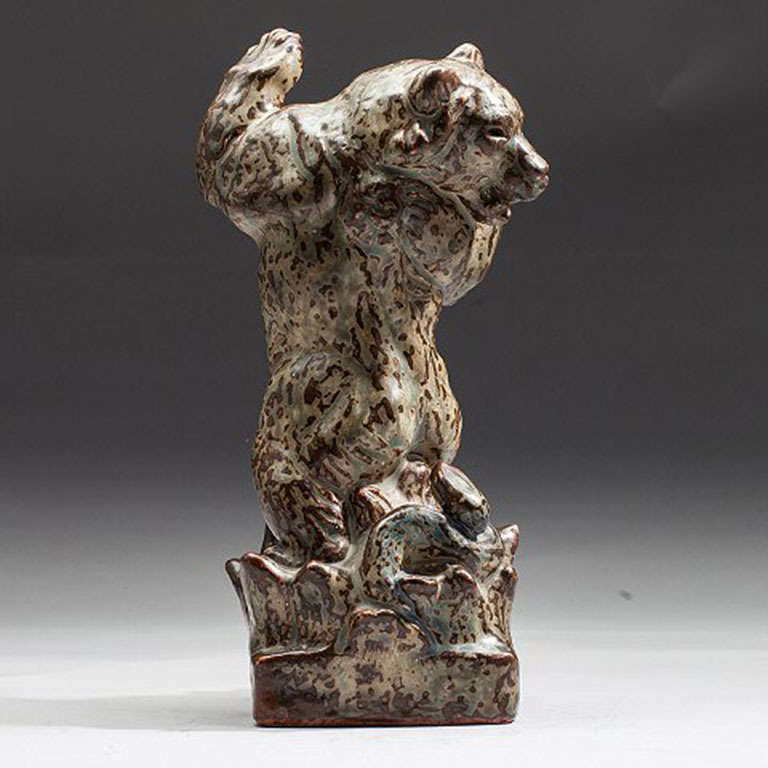 Scandinavian Modern Royal Copenhagen, Knud Kyhn Figurine in Stoneware of Bear and Attacking Snake