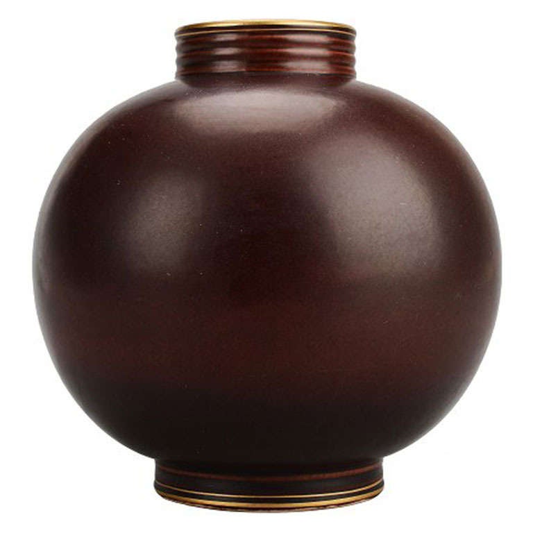 Rorstrand Pottery Vase in Burgundy with Gold Rim at 1stDibs