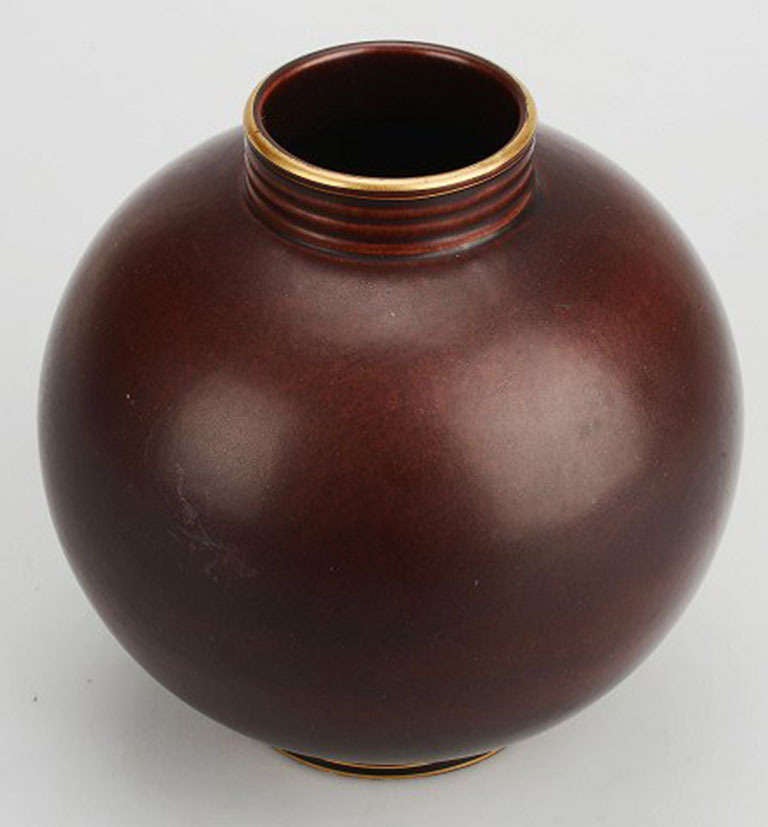 Rorstrand Pottery Vase in Burgundy with Gold Rim at 1stDibs