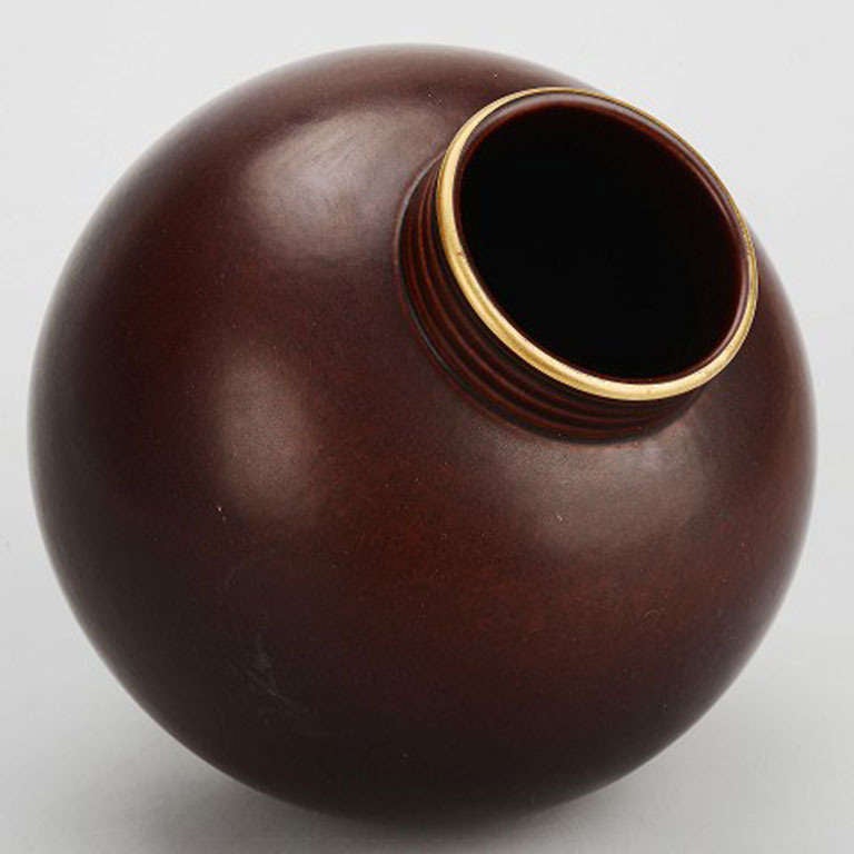 Rorstrand Pottery Vase in Burgundy with Gold Rim at 1stDibs