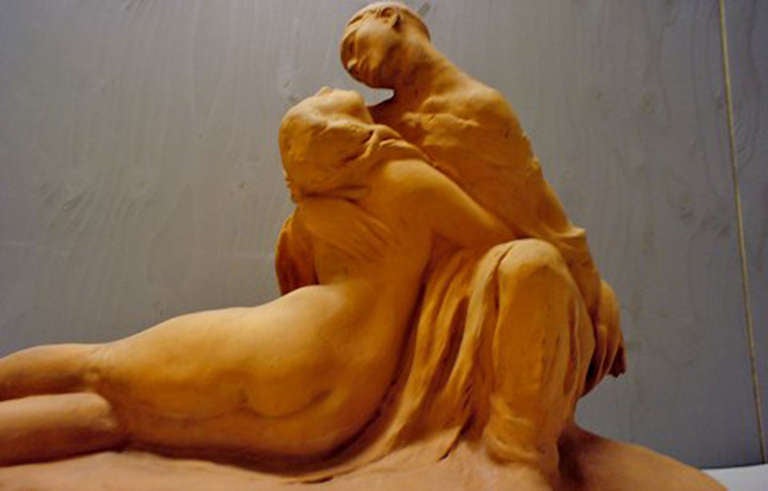 Modern Amedeo Gennarelli, Large Sculpture in Terracotta, Embracing Couple