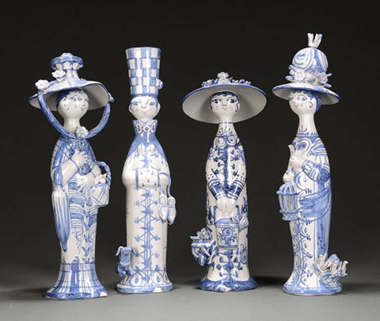 Bjorn Wiinblad 1918-2006. 'The Four Seasons'. Four ceramic figurines, decorated in blue. Height: 32-36 cm. In perfect condition.