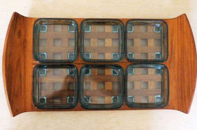 Jens H. Quistgaard teak cabaret tray with six glass liners. No halllmark. 1960s.