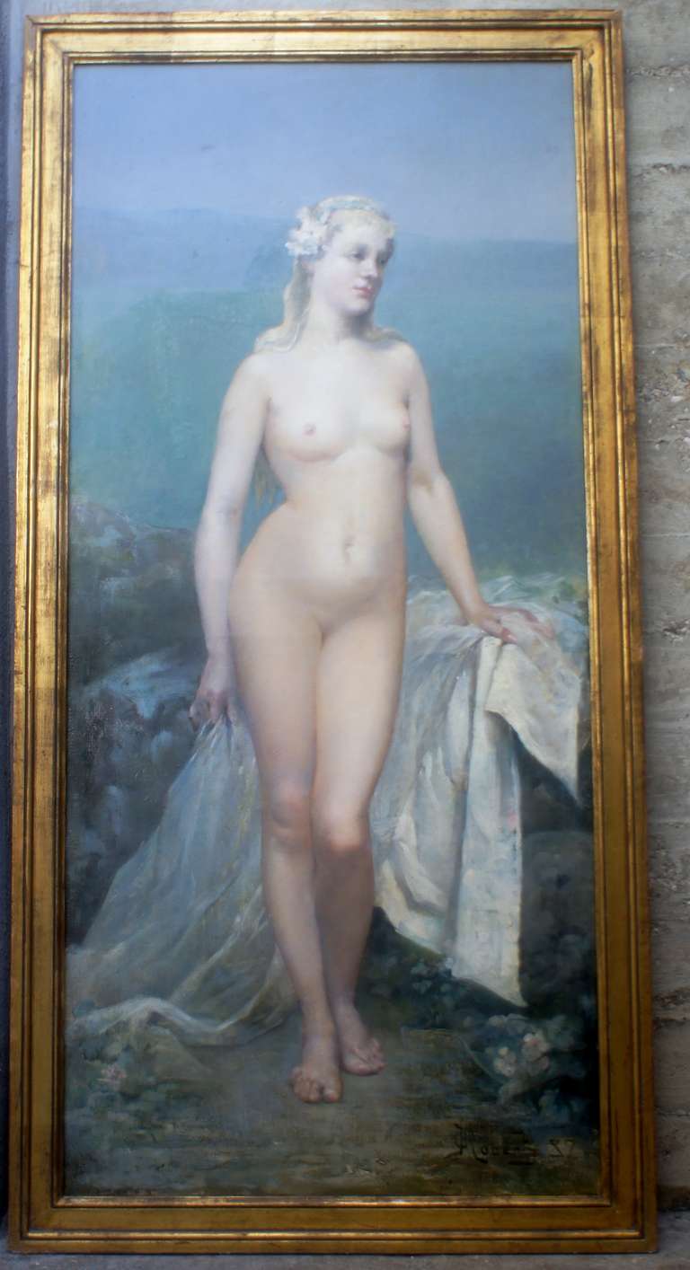 A large French oil painting, indistinctly signed, dated 1887. Young naked blonde woman with flower wreath on her head, rolling hills in the background. In good condition. Measures 150 x 70 cm. (without the frame) Beautiful antique frame.