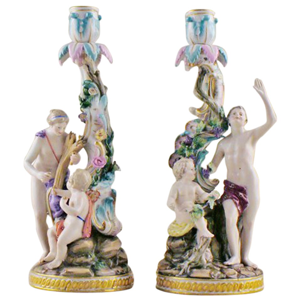 Meissen Rare Pair of Antique Candlesticks in High Quality For Sale