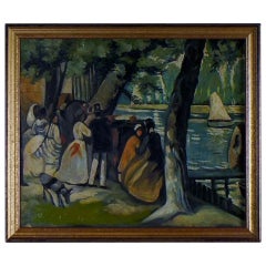 Oil on board. 20 C. Persons in landscape. Unknown artist, unsigned.