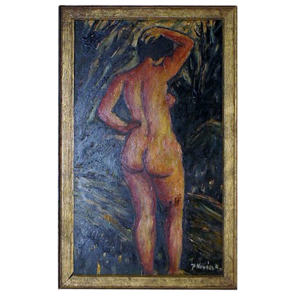 Oil on board, portrait of nude woman, indistinctly signed, unknown artist. 1920.