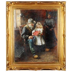 Interior, grandfather and child. Oil on canvas, unidentified artist. 1920s.