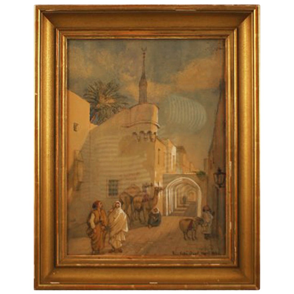 Antique Watercolor, Oriental Street Scene from Tripoli with People and Camels