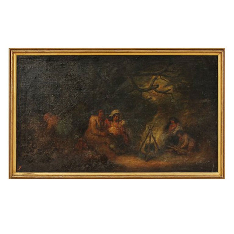 Oil on Canvas, 19th Century Unknown Artist, Fireplace with Women and Children For Sale