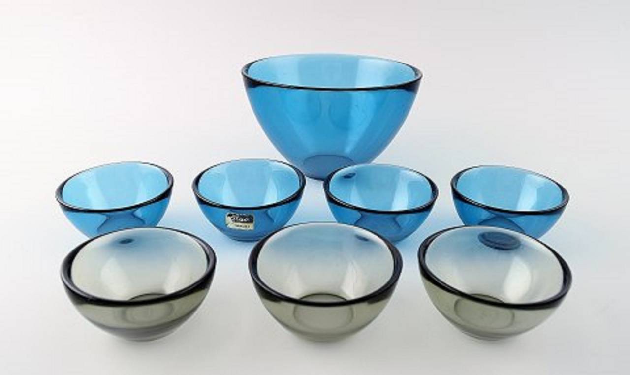 Sven Palmqvist Art Glass Bowls, "Fuga" Orrefors, Blue and Gray Glass