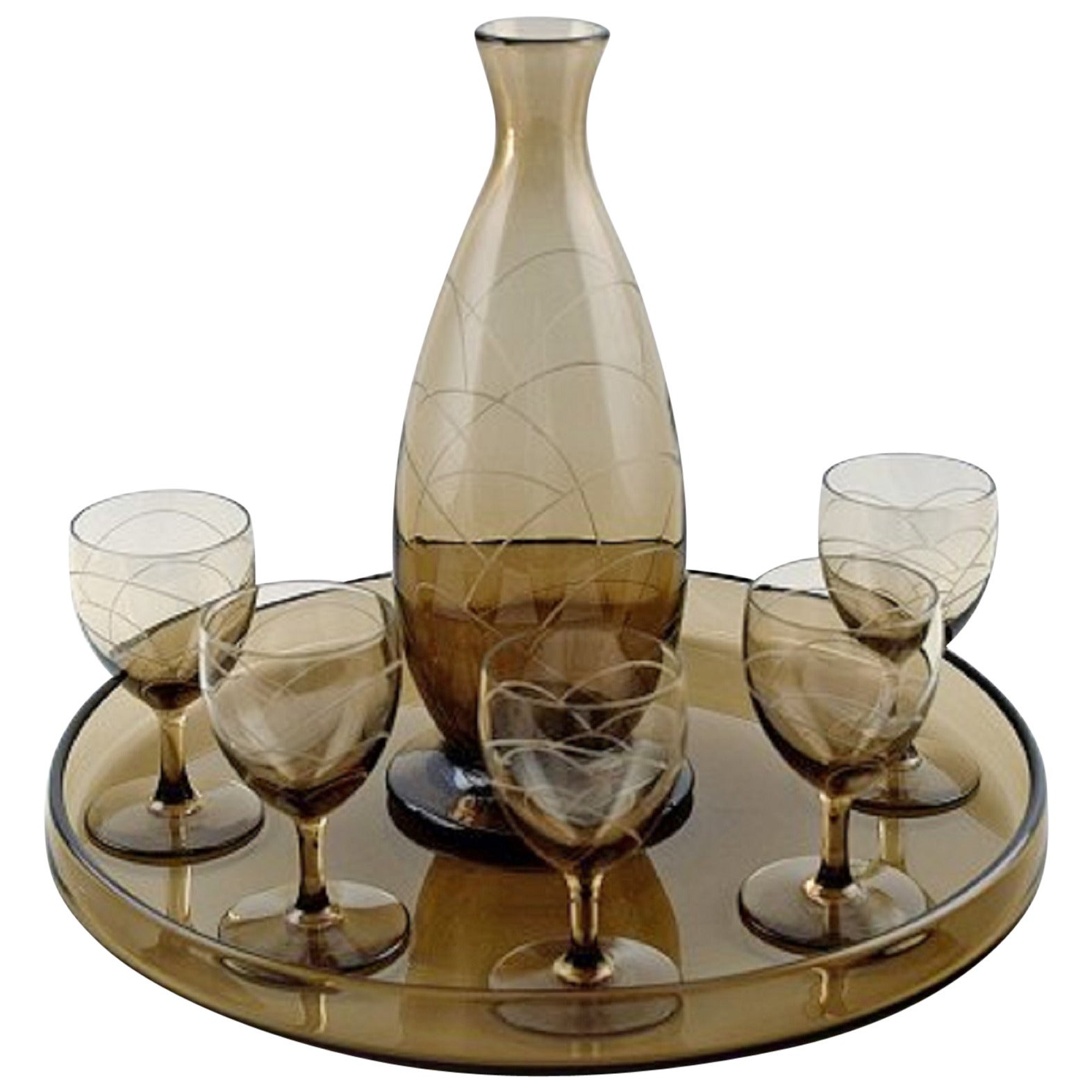Daum Nancy Art Deco Bar Set, Decanter and Five Glasses on Tray For Sale