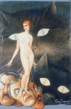 Pierre Serrus, tecnica mista. Donna nuda, art deco.