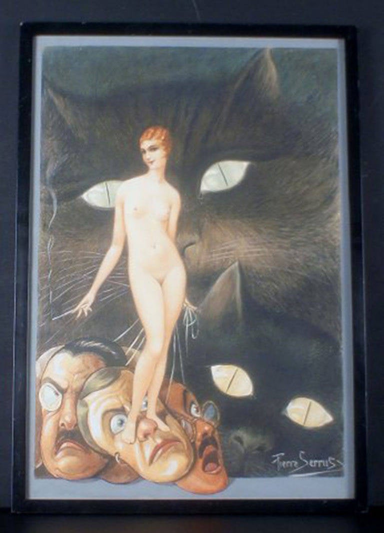 Pierre Serrus, mixed media. Nude woman, art deco. 
In good condition. Measures 38 x 56 cm.