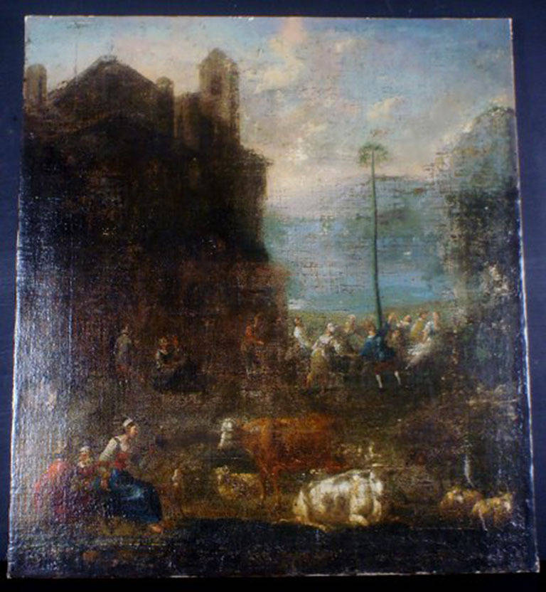 Unknown Flemish Old Masters, 17/18 c. Oil on canvas. Pastoral landscape with figures in dance, shepherds, cows and sheeps in the foreground.
Unsigned.
Wear and some crazing. Relined.
Measures 70 x 77.5 cm.