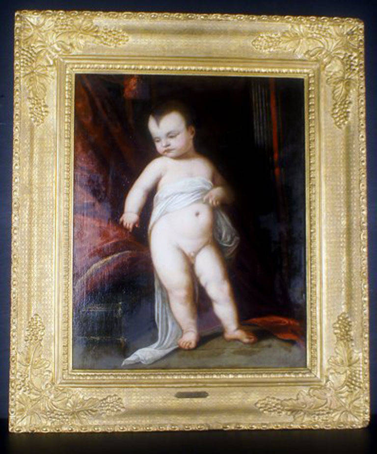 José Rose, oil on canvas. Portrait of naked boy in rococo interior. Signed, dated 1799. 
In good condition. Relined. With wax seal.
Measures 59 x 46 cm. 
Beautiful antique frame with ornaments in the form of foliage. 
José Rose (Royal Academy,