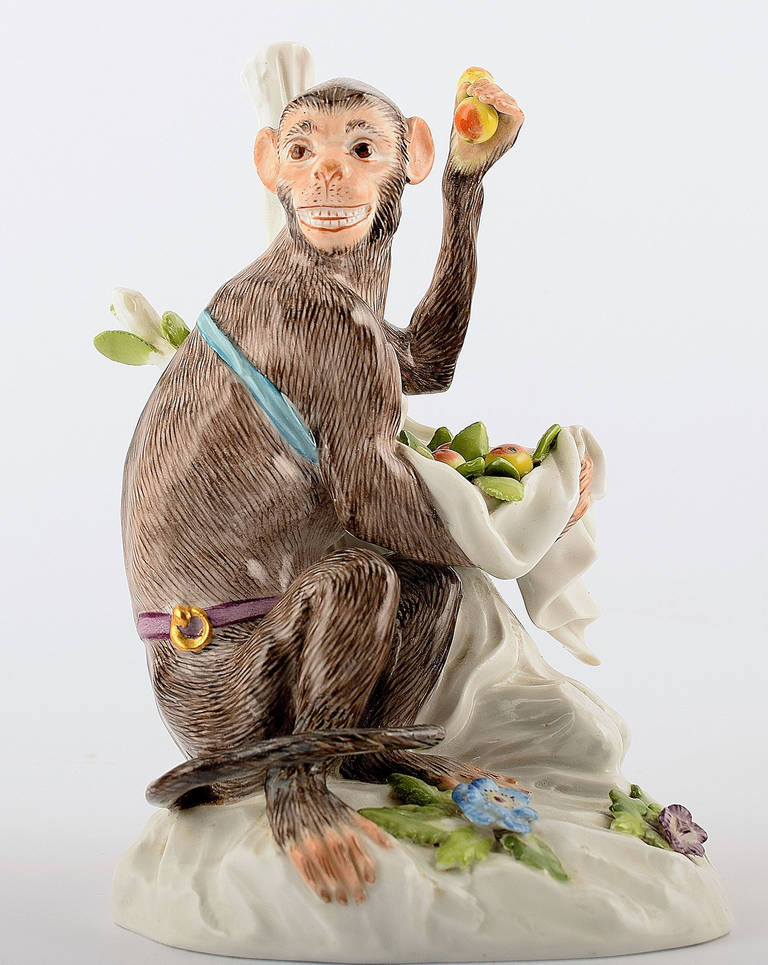 Rare 19th century Meissen porcelain figure. Smiling monkey with fruits, high level of details. 20 cm. heights. 12 cm. wide. Perfect condition, 1st factory choice. Stamped, number 102z and 78609.