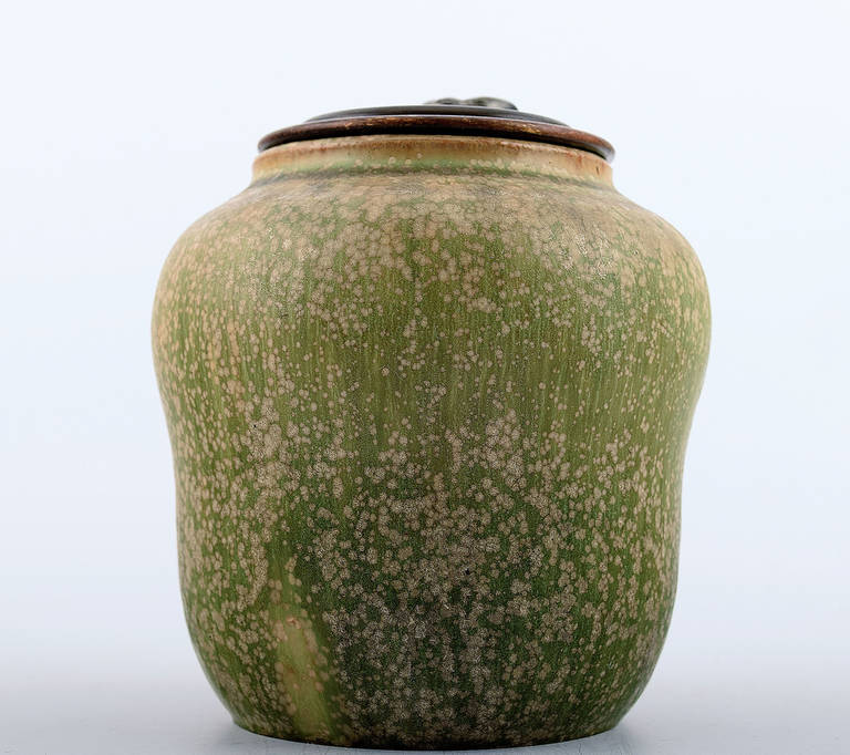 Royal Copenhagen stoneware vase by Patrick Nordstrom with Royal Copenhagen bronze lid, 1930s. Number 92/49. 14 cm. high. 12 cm. in diameter. Royal Copenhagen bronze lid stamped. In perfect condition, first factory quality.