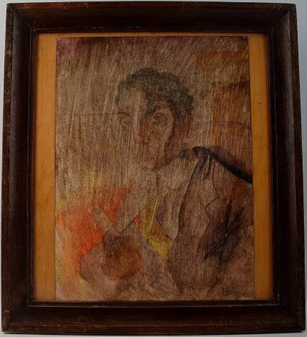 Art deco, portrait of a man, watercolor on paper pasted on wooden board.
Signed illegible lower right.
Approx. 1920s.
In good condition, needs cleaning.
Measures 22 x 30.5 cm. The frame measures 3.5 cm.