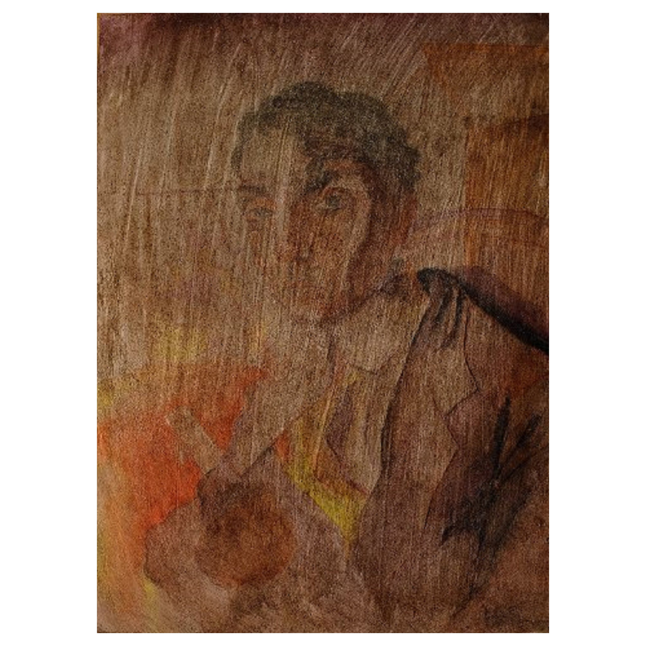Art Deco Portrait of a Man, Watercolor on Paper Pasted on a Wooden Board