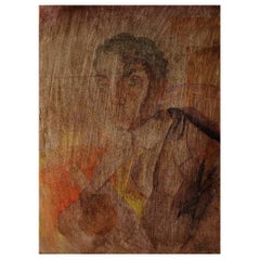 Antique Art Deco Portrait of a Man, Watercolor on Paper Pasted on a Wooden Board