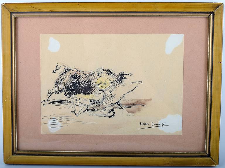 Roberto Domingo Y Fallola (1883-1956) gouache on paper, Spanish bullring, toreador fighting a bull. In good condition, 21 x 15 cm. Signed and with old label from the art dealer in Madrid.
Price example : A work by Roberto Domingo Y Fallola was sold