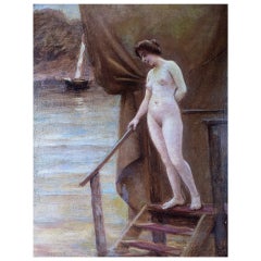 Antique Christian Valdemar Clausen, Nude Woman at a Wooden Pier