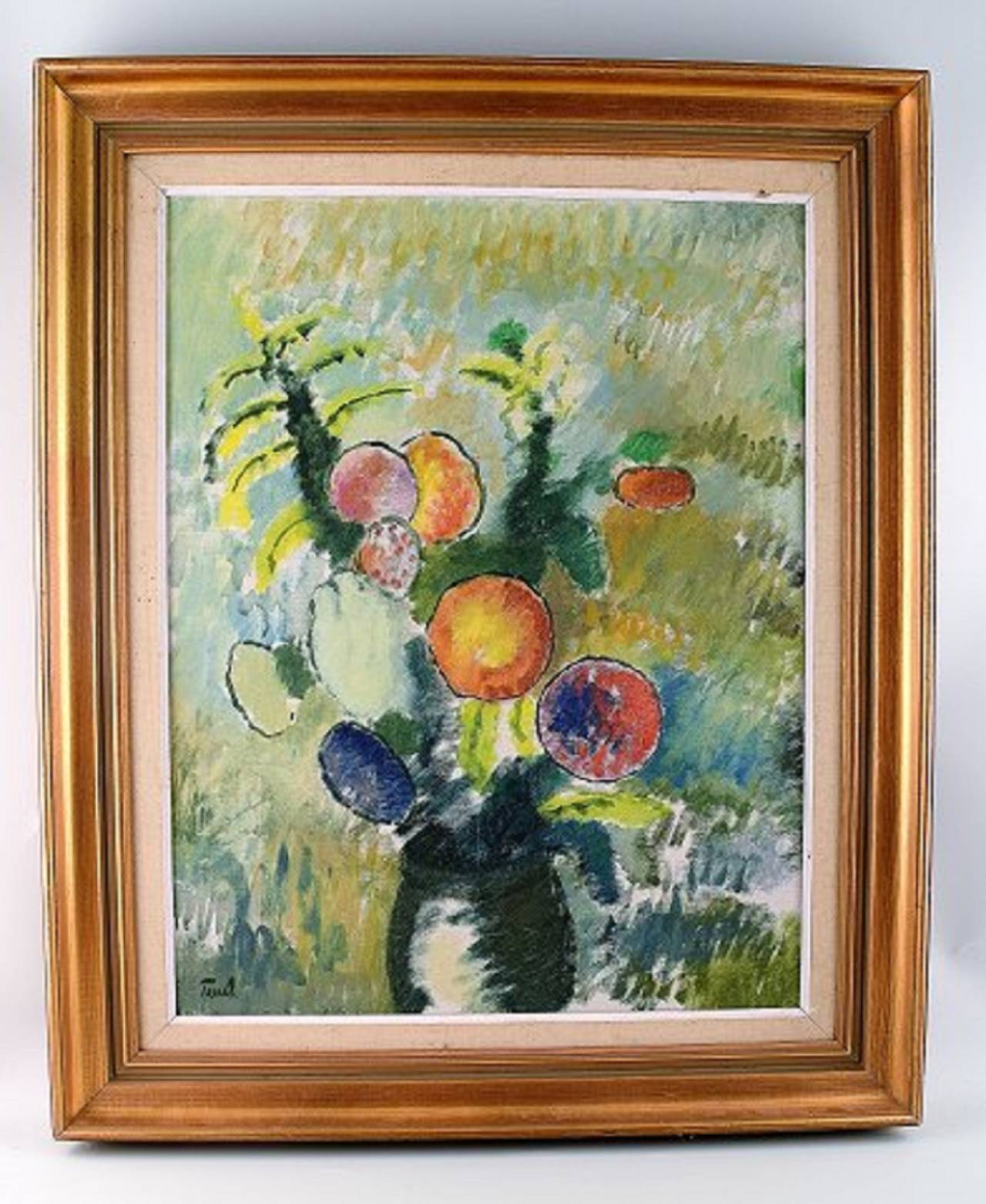Still Life, oil on canvas.
In good condition.
Signed illegible.
Measures 44 x 56 cm.
The frame measures 7 cm.