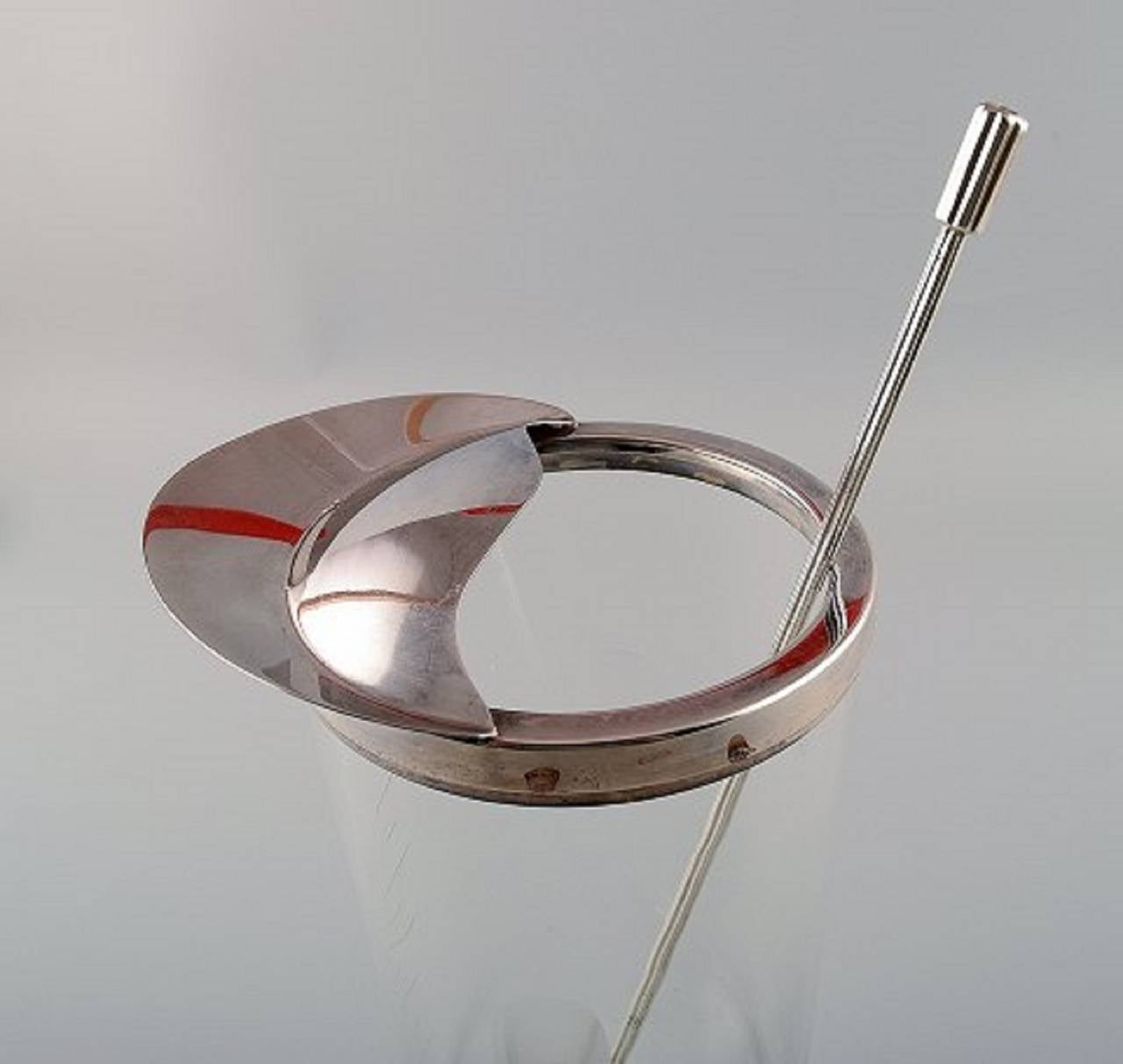 Scandinavian Modern Ole Hagen, Clear Glass Cocktail Pitcher with Mounting and Stirring Spoon