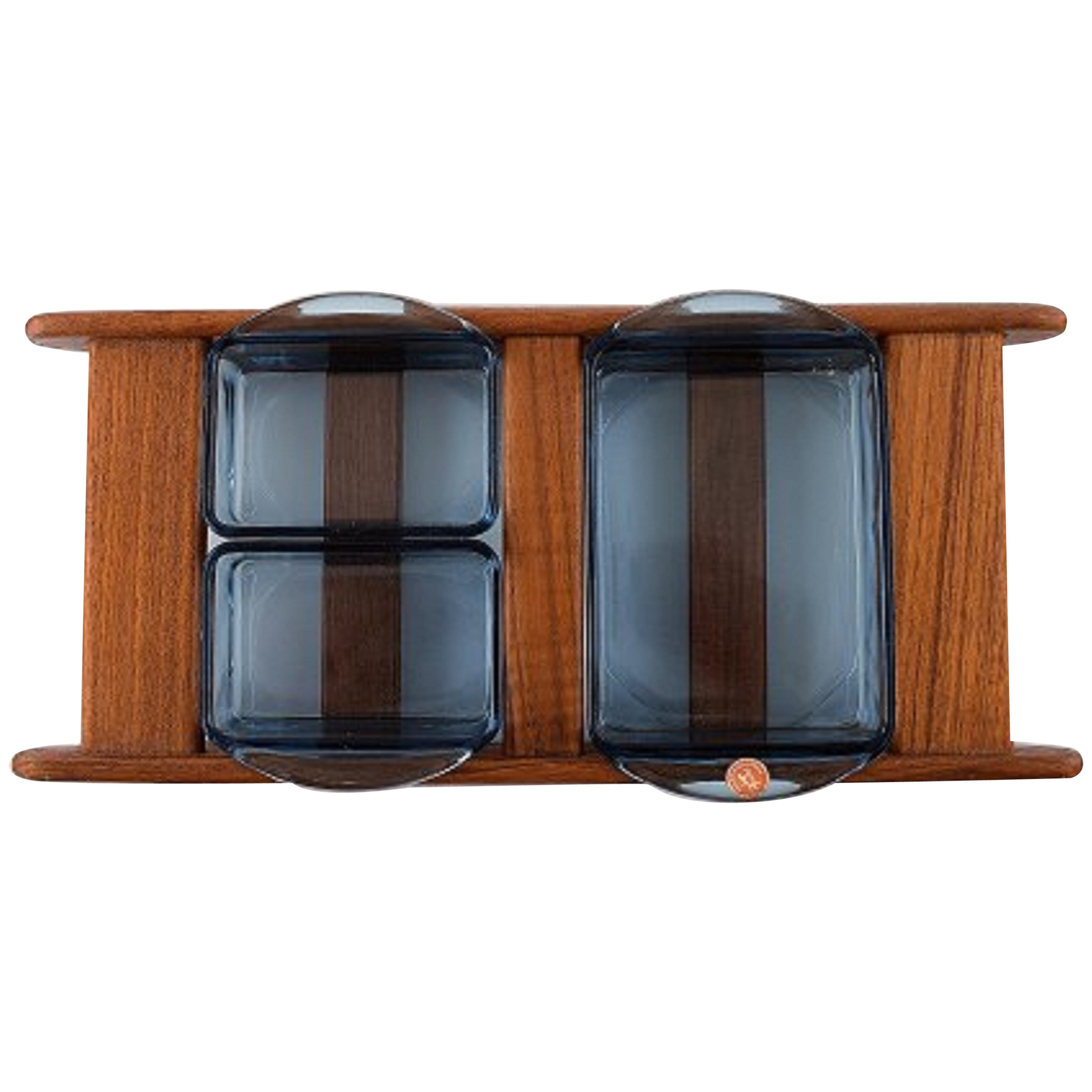 Barettschale aus Teakholz mit Einsätzen aus farbigem Glas im Angebot