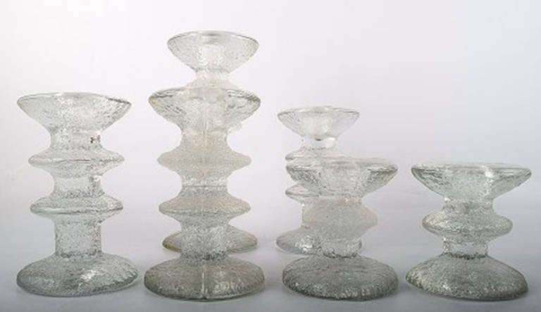 Iittala, Timo Sarpaneva. Model: Festivo, designed in 1966. 
Six art glass candlesticks.
Perfect condition. Beautiful Finnish design. 
From 7.5 to 18 cm. heights.