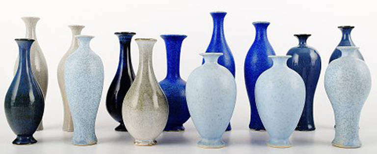 Collection of 14 unique miniature ceramic vases by Per Liljegren. 
Signed. In perfect condition. Swedish design. Beautiful glazes.
Height from 8.5 cm to 14 cm.