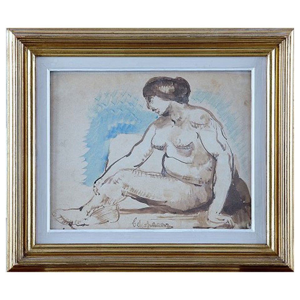 Lagar Celso Painting of Seated Model, Watercolor, Signed 