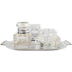 Art Deco Writing Set, 1930s, Glass Inkwell Etc., Silver Plated Tray