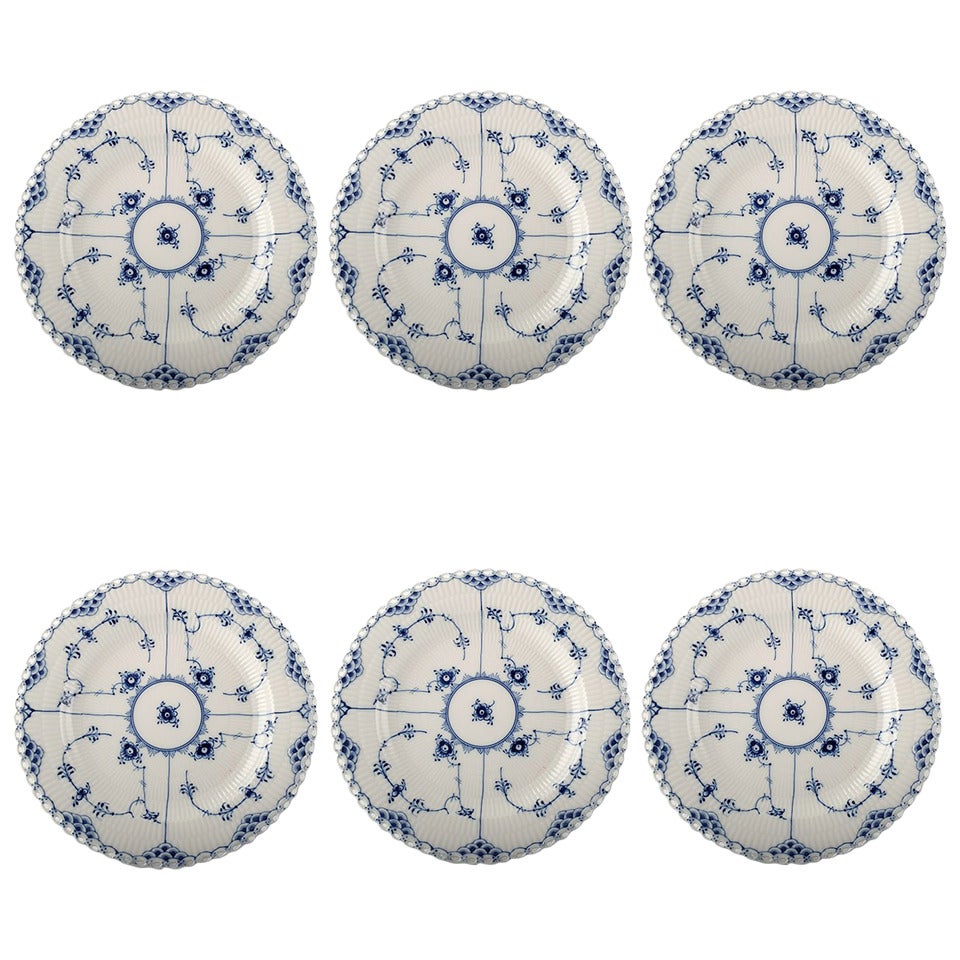 Six Royal Copenhagen, Blue Fluted Full Lace Dinner Plates