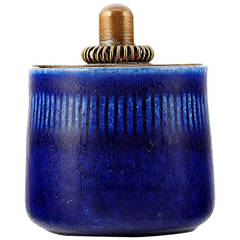 Eva Stæhr Nielsen for Saxbo, Ceramic Vase with Bronze Lid, Beautiful Blue Glaze