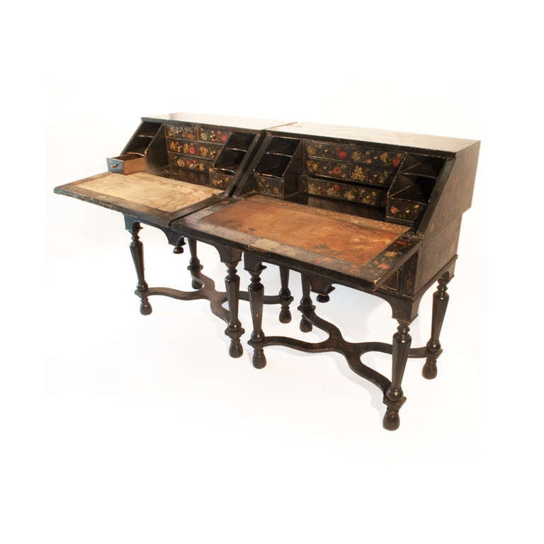 18th Century and Earlier A pair of English black and polychrome-painted bureaux For Sale